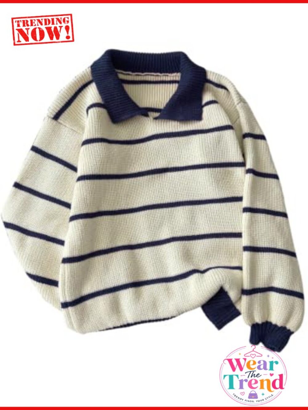 Oversized Striped Rugby Sweater Collared Chunky Knit Pullover